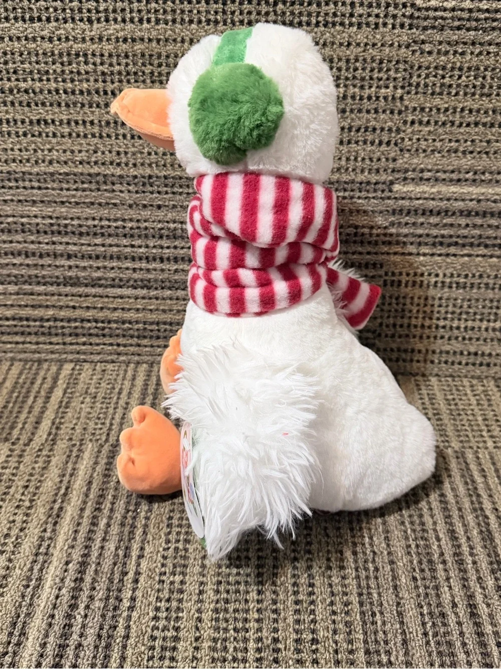 Plush White Duck Toy with Green Earmuffs and Red Striped Scarf